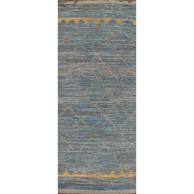 Trellis Blue Moroccan Oriental Runner Rug Hand-Knotted Wool Carpet - 4'0"x 12'3"
