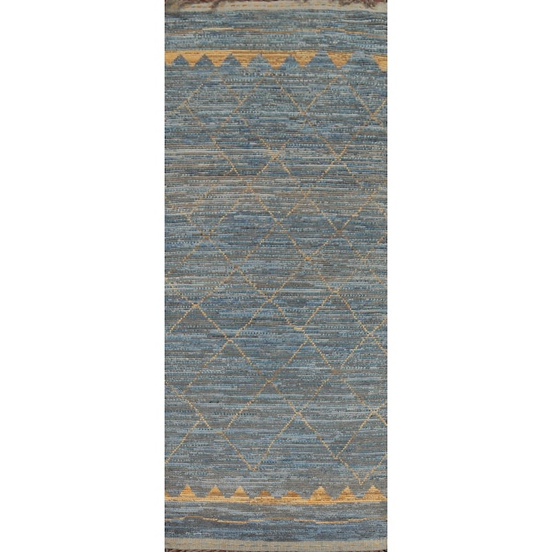 Trellis Blue Moroccan Oriental Runner Rug Hand-Knotted Wool Carpet - 4'0"x 12'3"