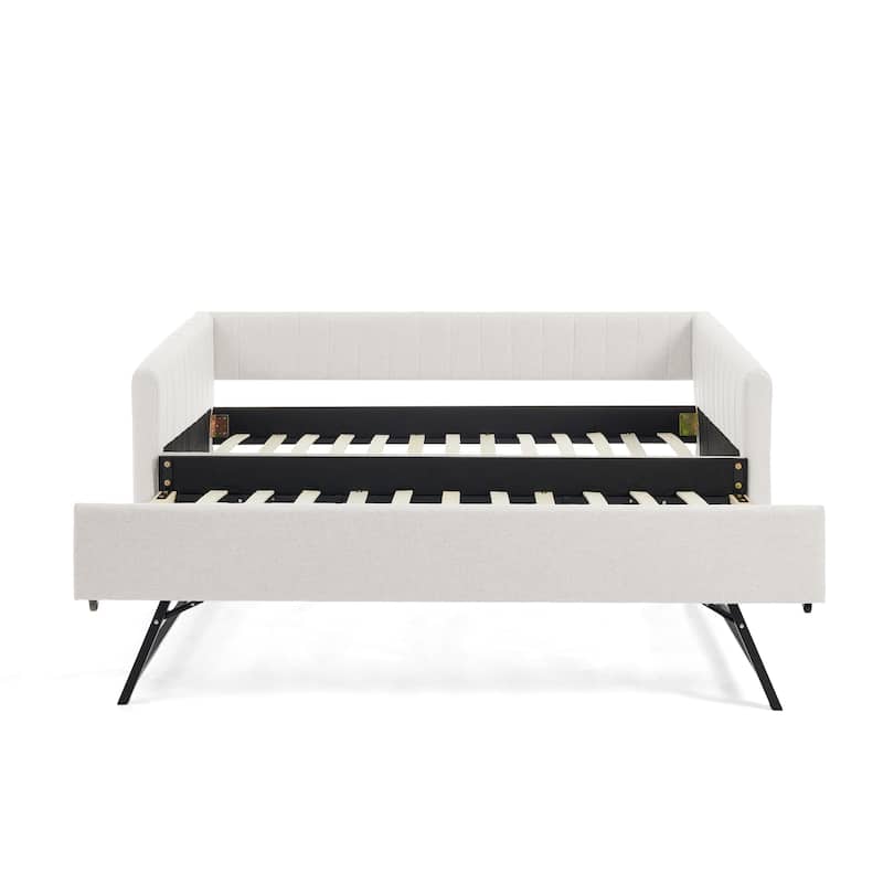 Twin Size Daybed Vertical Stripes Upholstered Sofa Bed with Trundle