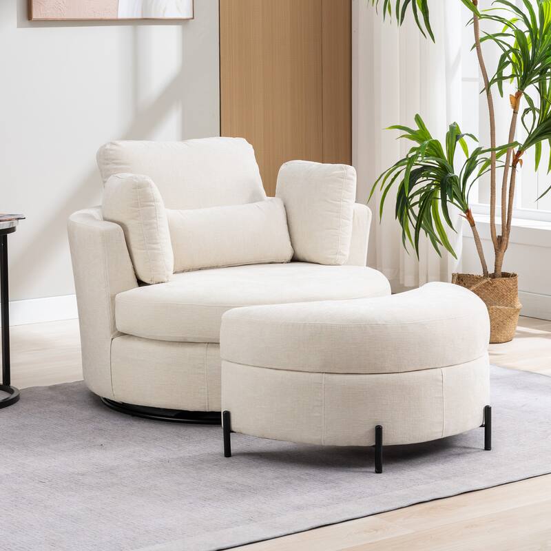 42.3"W Upholstered Swivel Accent Chair with 4 Pillows and Half-Moon Storage Ottoman - Beige