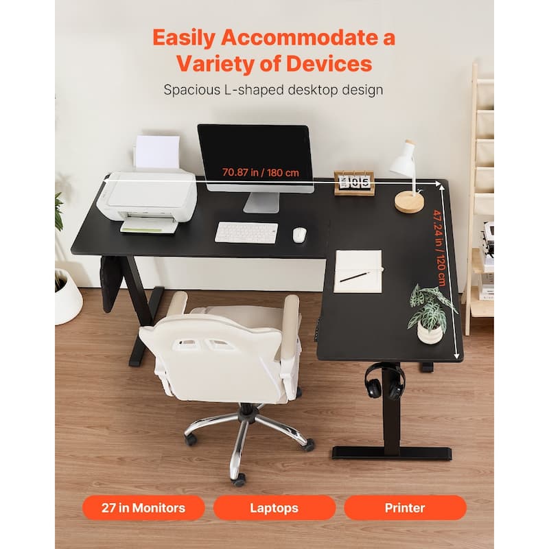 Black Particleboard and Carbon Steel L-Shaped Electric Desk with Height Adjustable Dual Motors