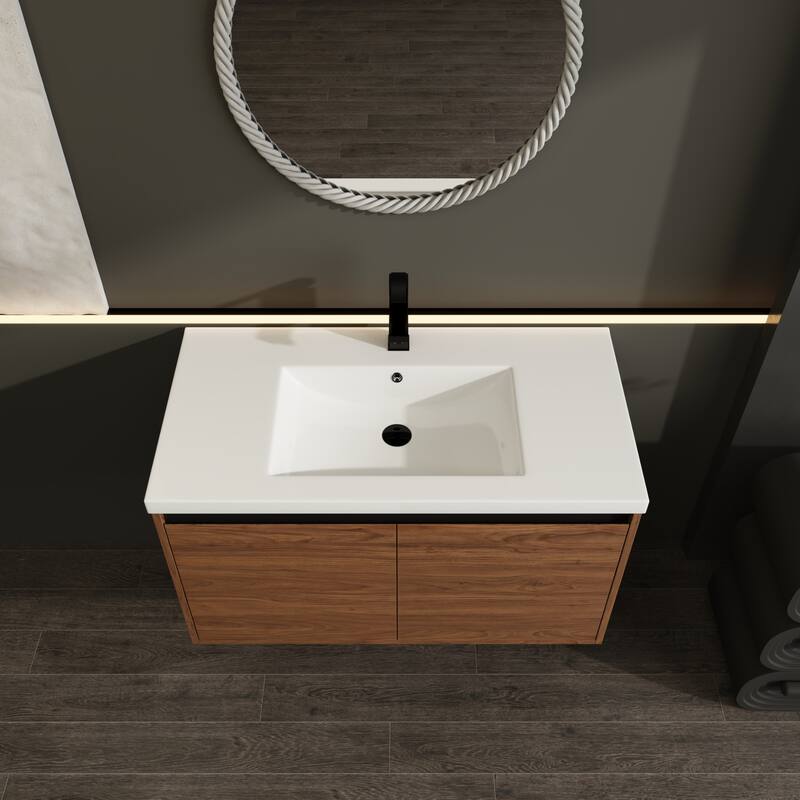 GDFStudio - Levistar Modern Wall-Mounted Bathroom Vanity Set with Scratch-Resistant Resin Sink & Soft Close Doors