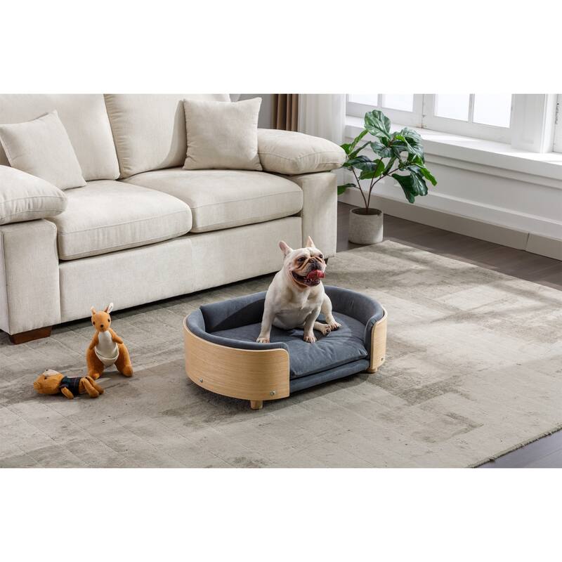 Scandinavian style Elevated Dog Bed Pet Sofa With Solid Wood legs and Bent Wood Back, Velvet Cushion,Mid Size,Dark Grey - DARK GREY