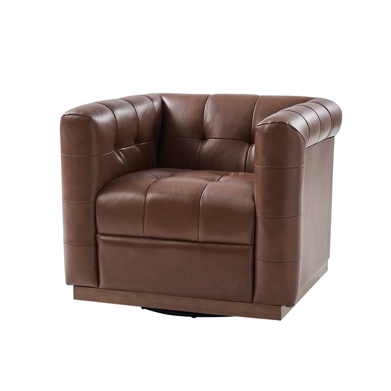 Jeremias Mid-certury Modern Genuine Leather Tufted Swivel Club Chair with Wooden Apron by HULALA HOME