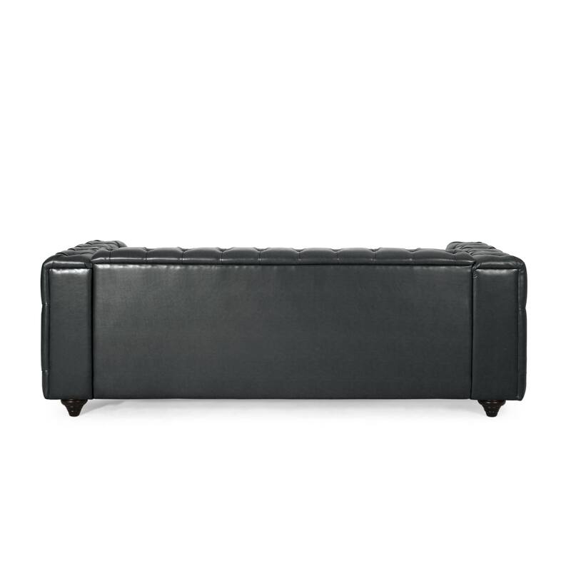 Black 83.5" PU Leather 3-Seater Sofa with Button-Tufted Back, Wide Armrests, and Vintage Wood Legs