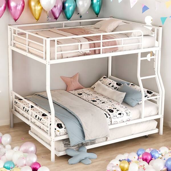 slide 2 of 13, Modern Silver Full XL/Queen Bunk Bed with Trundle-Durable Iron Frame & Safety Features Triple Bunk White