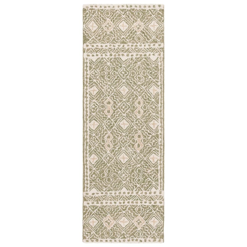SAFAVIEH Handmade Micro-Loop Jelske Wool Rug - 2'3" x 7' Runner - Green/Ivory - Runner