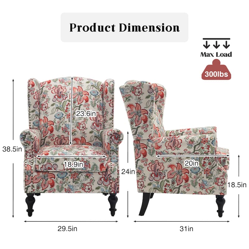 HOMYKA 29'' Wide Floral Pattern Wingback Accent Armchair with Nailhead Trim