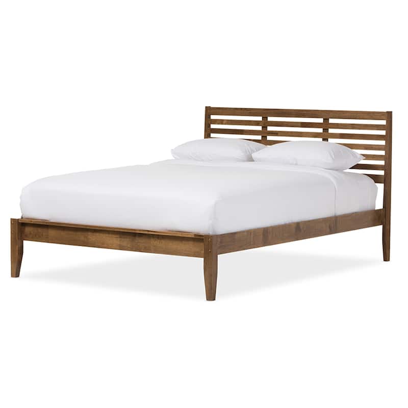Modern Queen Size Platform Bed - Solid Wood Slatted Design, Low Profile, Walnut Finish, Bedroom Furniture