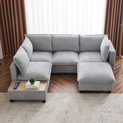 90" Chenille U-Shaped Sectional Sofa with Ottoman, Charging Ports