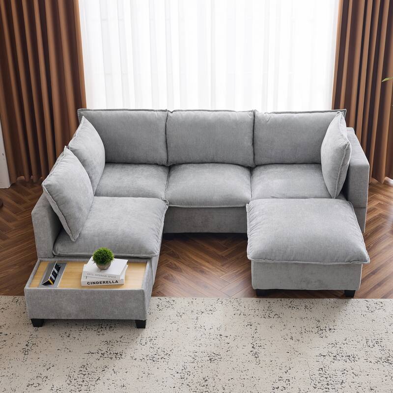 U-shaped Sectional Sofa Modular Sofa Couch with Movable Ottoman Coffee Table and Hidden Charging Devices for Living Room - Grey