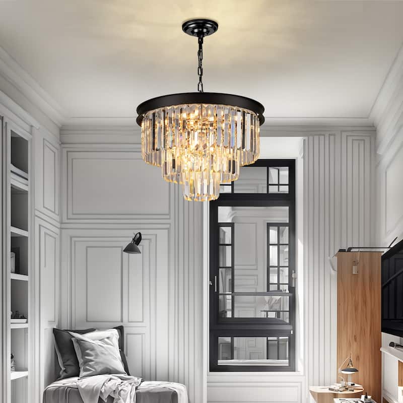 Modern Crystal Chandelier, Black Luxury Adjustable Pendant Light for Living Room(Bulbs Included)