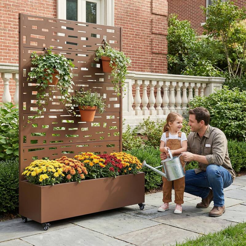 Raised Garden Bed Planter with Trellis Movable Planter Box with Lockable Wheels
