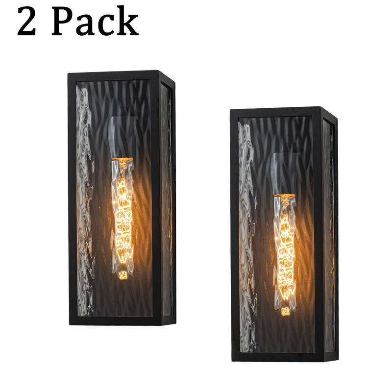 H13" 1-Light Modern Black Outdoor Wall Sconce with Water Ripple Glass and Dusk to Dawn Sensor Open Bottom for Garage(2 Pack) - W5'' - Black