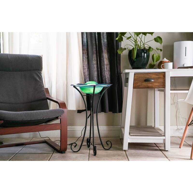 27in Tall Floor Mist Fountain with LED Lights and Inline Control - Blue Glass and Metal Design, Blue Freestanding Mist Fountain