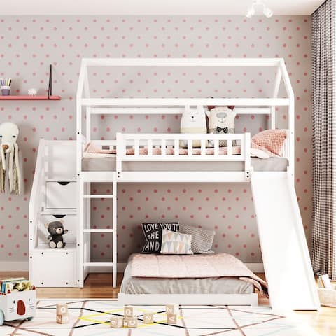Solid Wood Twin Over Twin Bunk Bed With Two Drawers and Slide