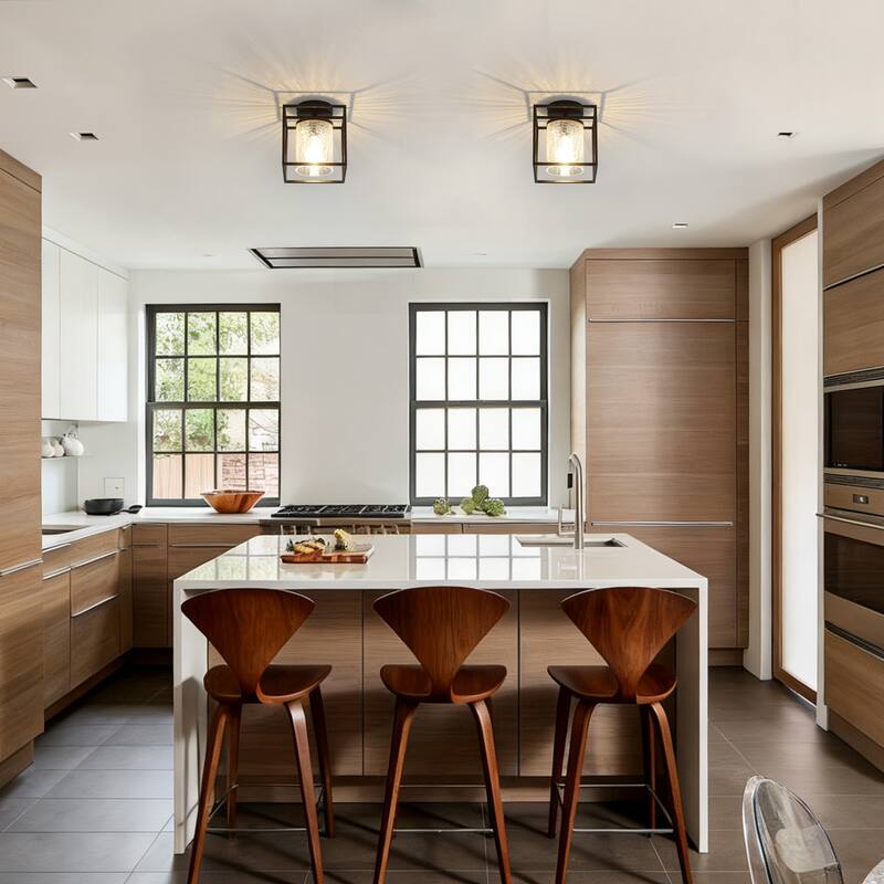 1-Light Modern Black Metal Frame Textured Glass Ceiling Light - Matte Black