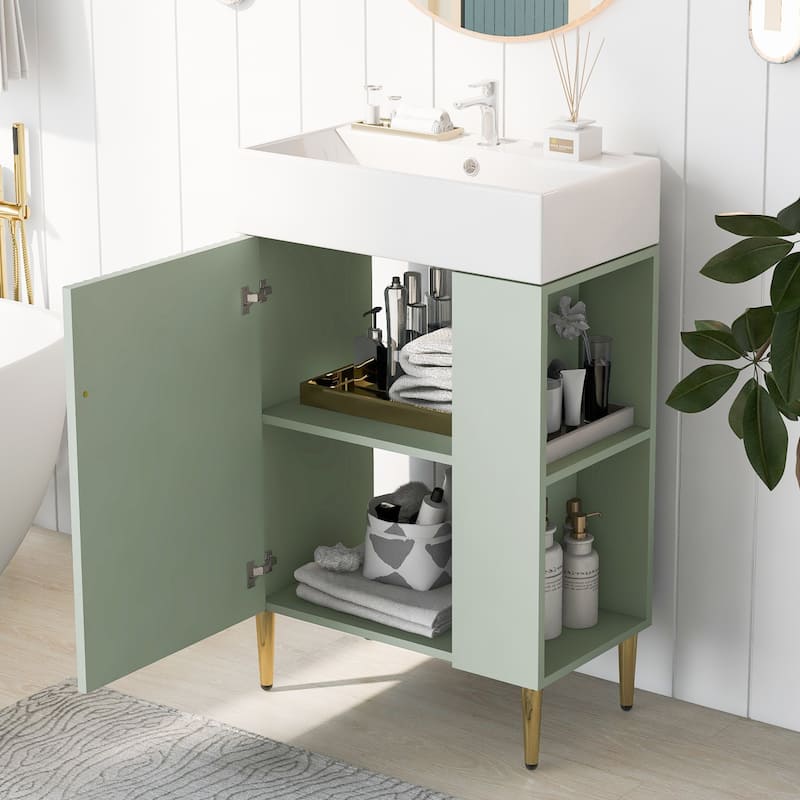 21.6" White Bathroom Vanity with Side Storage, Ceramic Undermount Sink, Soft-Close Door, and Elegant Golden Handle