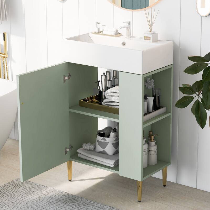 Bathroom Vanity With Combo Cabinet And Single Ceramic Sink, Right Side Storage, 21.6 Inches - Green