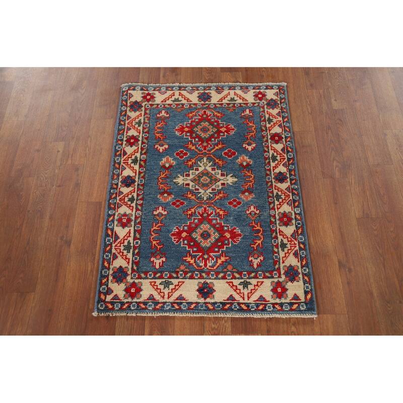 Blue Geometric Kazak Oriental Foyer Rug Handmade Wool Carpet - 2'1" x 2'10"