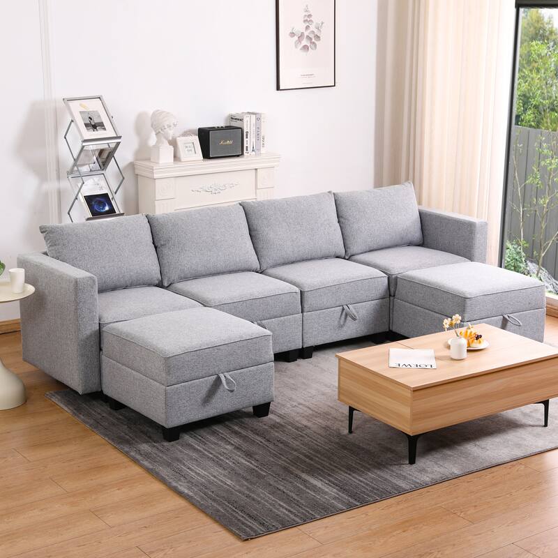 110.3" Burlap U-Shaped Modular Sectional Sofa with Sleeper & Storage