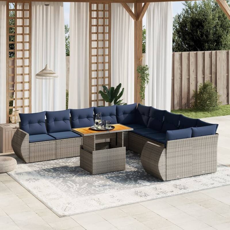 vidaXL Patio Sofa Set with Cushions Outdoor Furniture 11 Piece Poly Rattan - 24.4 x 24.4 x 27.2 - Grey
