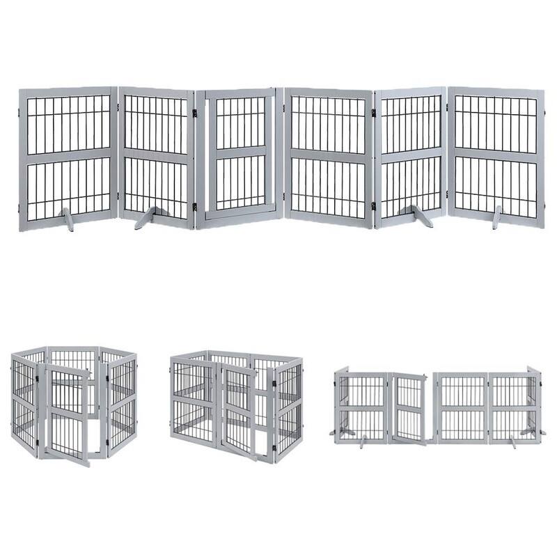 Unipaws Freestanding Wire Pet Gate with Door and 4 Support Feet - Grey