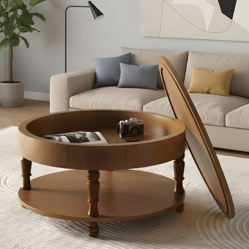 31.5" Modern Round Flip-top Coffee Table with Hidden Compartment - Walnut Brown