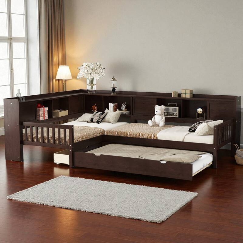 L-Shaped Twin Platform Bed with Trundle, Solid Wood Corner Bed Frame with Drawers and Shelves, No Box Spring Needed - Espresso - Twin
