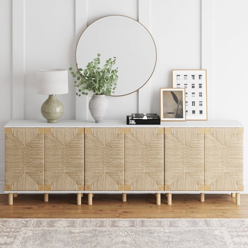 Nathan James Beacon Wood Accent Cabinet with Seagrass Doors and Adjustable Shelf - White Set of 3