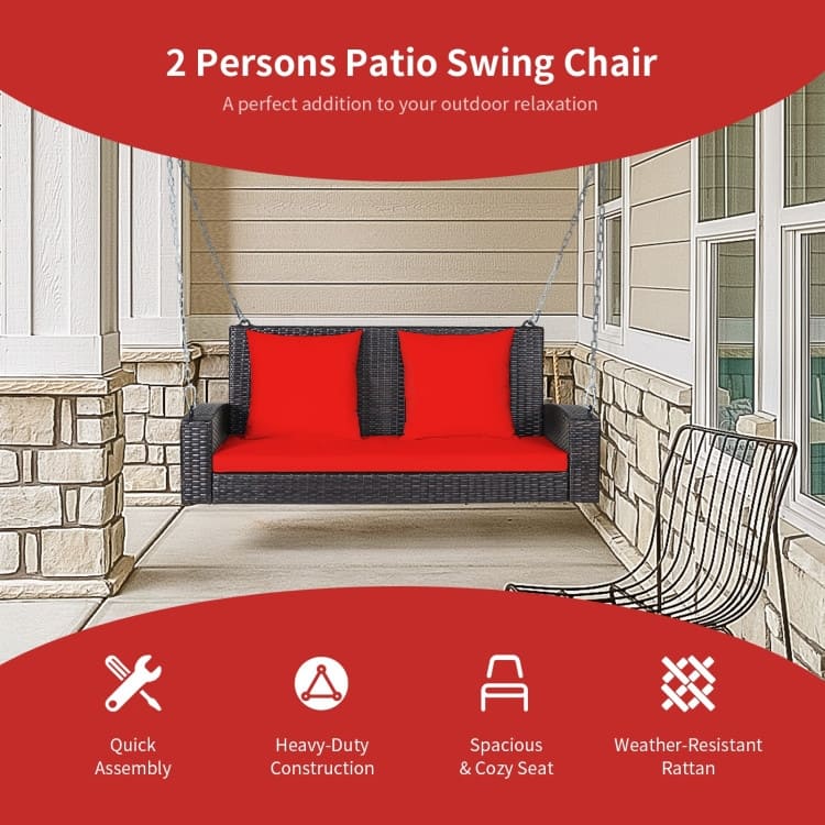 2-Person Wicker Hanging Porch Swing with 2 Back Cushions and 1 Seat Cushion - 50" x 22" x 20.5" (L x W x H)