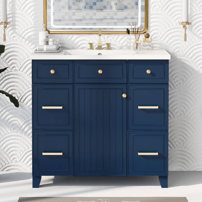 36" Black Bathroom Vanity Cabinet with Single Sink, Soft-Close Door, 3 Drawers, Waterproof Resin Sink