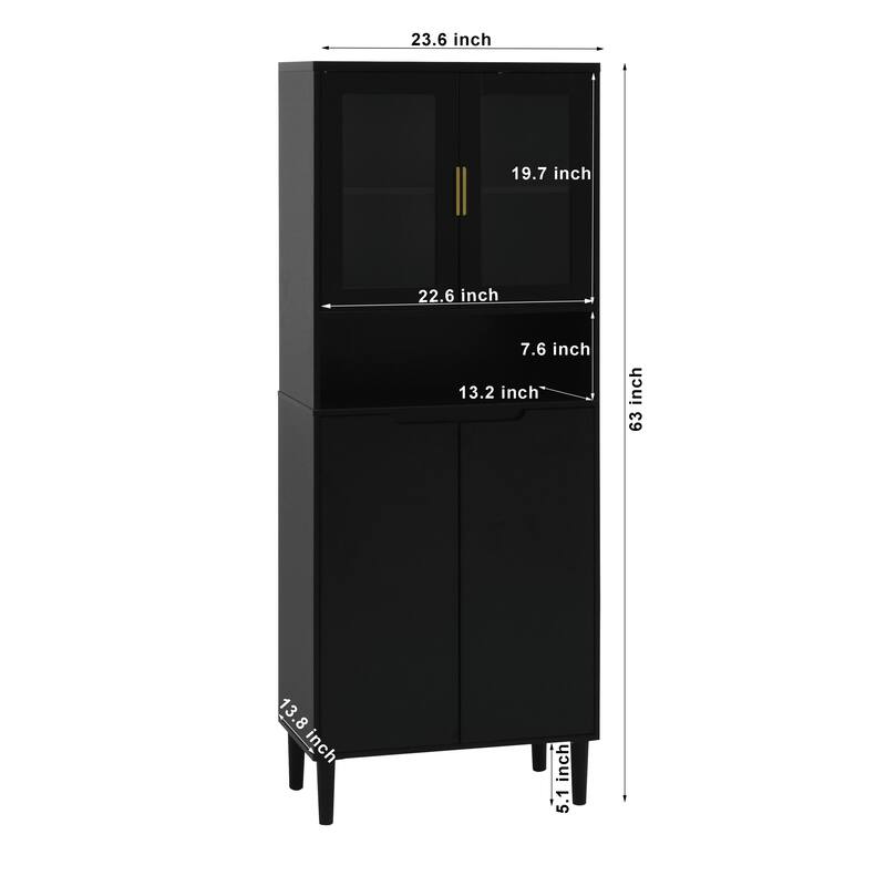 Tall Kitchen Pantry Cabinet with 2 Glass Display Doors & 2 Solid Doors