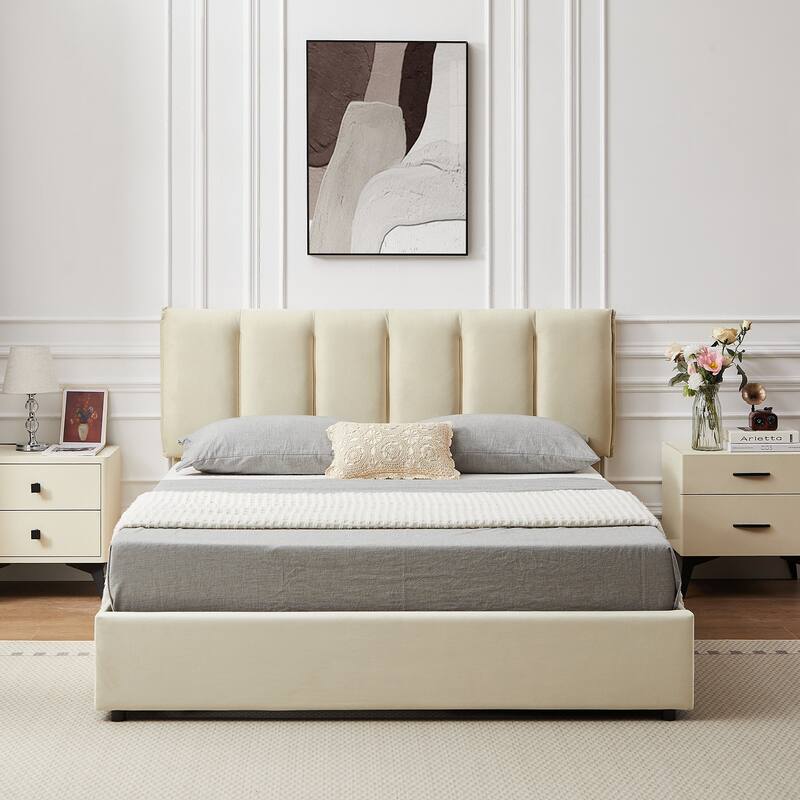 VECELO Bed Frame with 4 Storage Drawers, Upholstered Platform Bed Frame with Adjustable Headboard