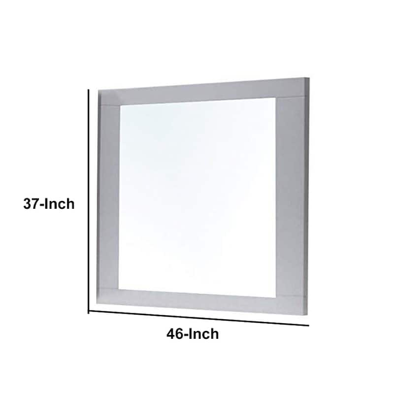 Rectangular Wooden Frame Mirror with Beveled Edges, White and Silver