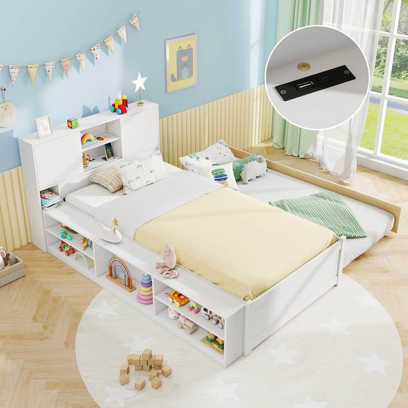 Costway Twin Size Bed Frame with Trundle & Power Outlet Bookcase