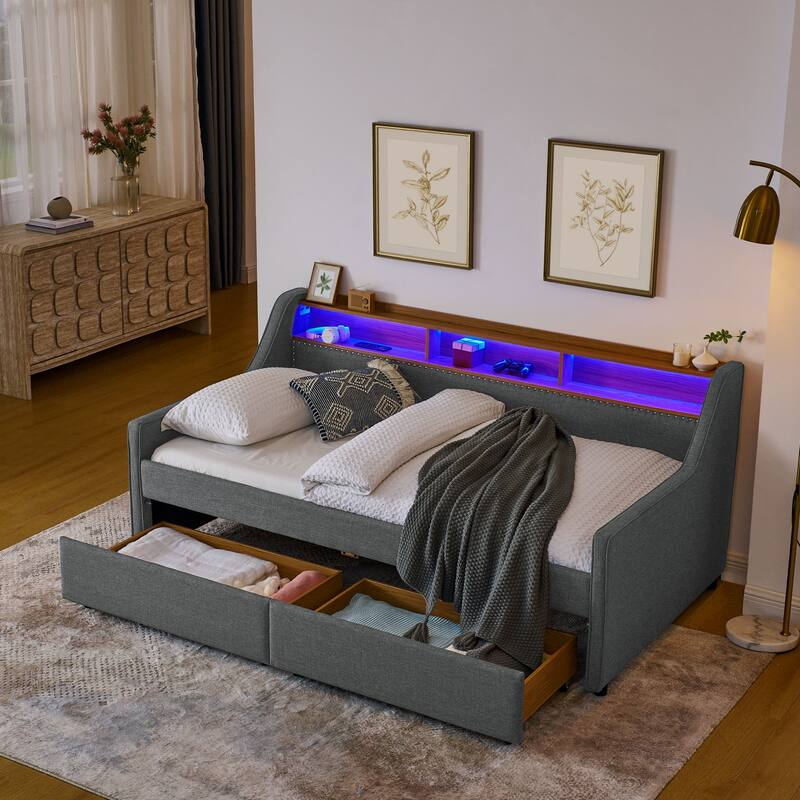 Wooden Platform Bed with Wireless Charging