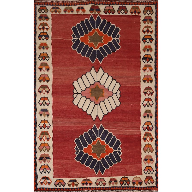 Kilim Qashqai Persian Vintage Rug Flatweave Red Tribal Wool Carpet - 5'2"x 8'0"