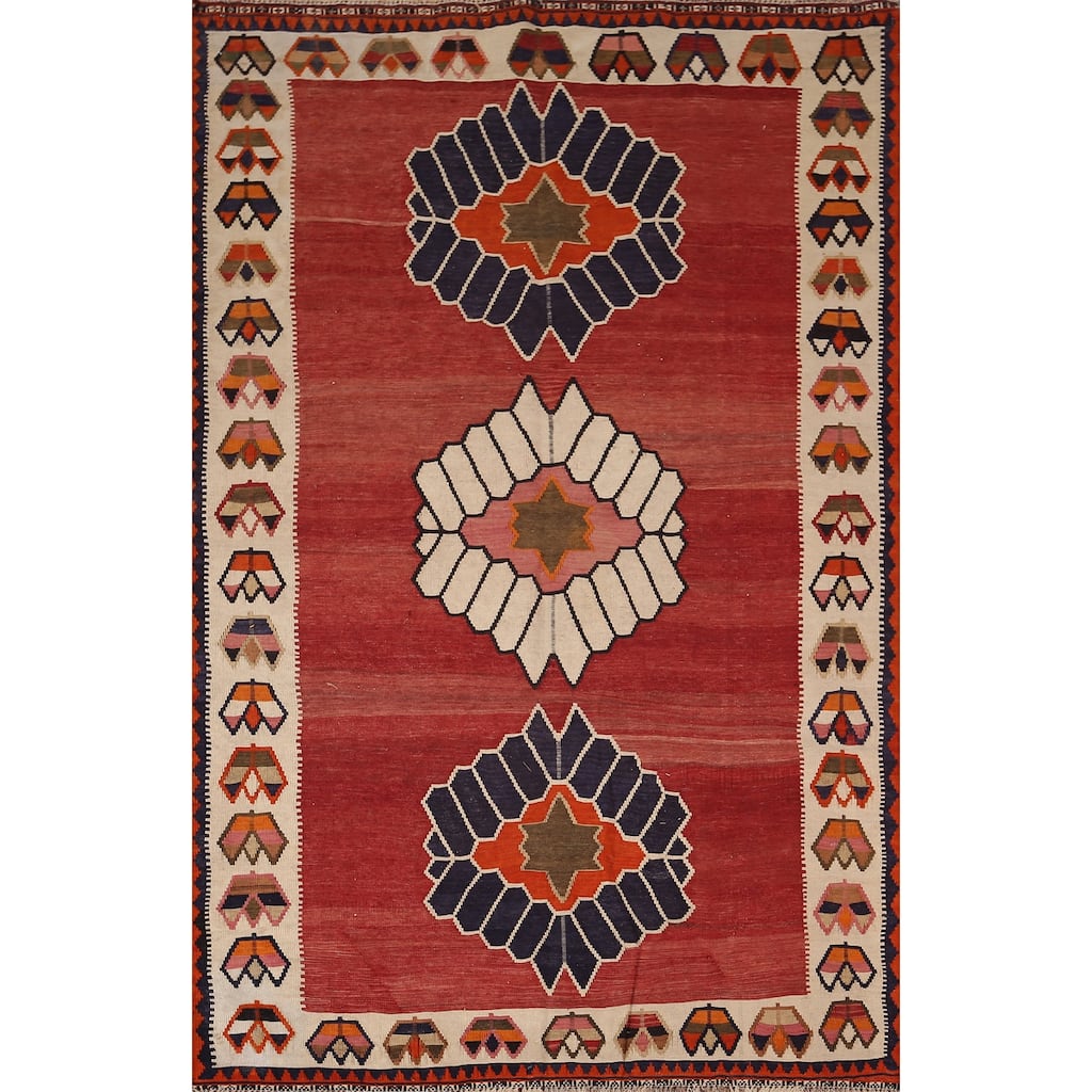 Kilim Qashqai Persian Vintage Rug Flatweave Red Tribal Wool Carpet - 5'2"x 8'0"