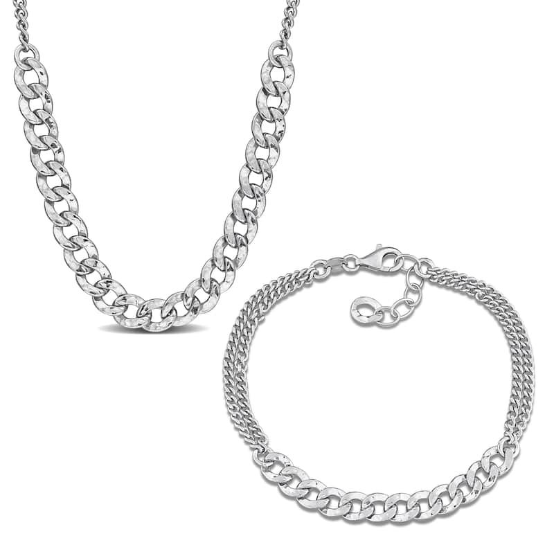Miadora Sterling Silver Curb Link Chain Necklace and Bracelet Set - White