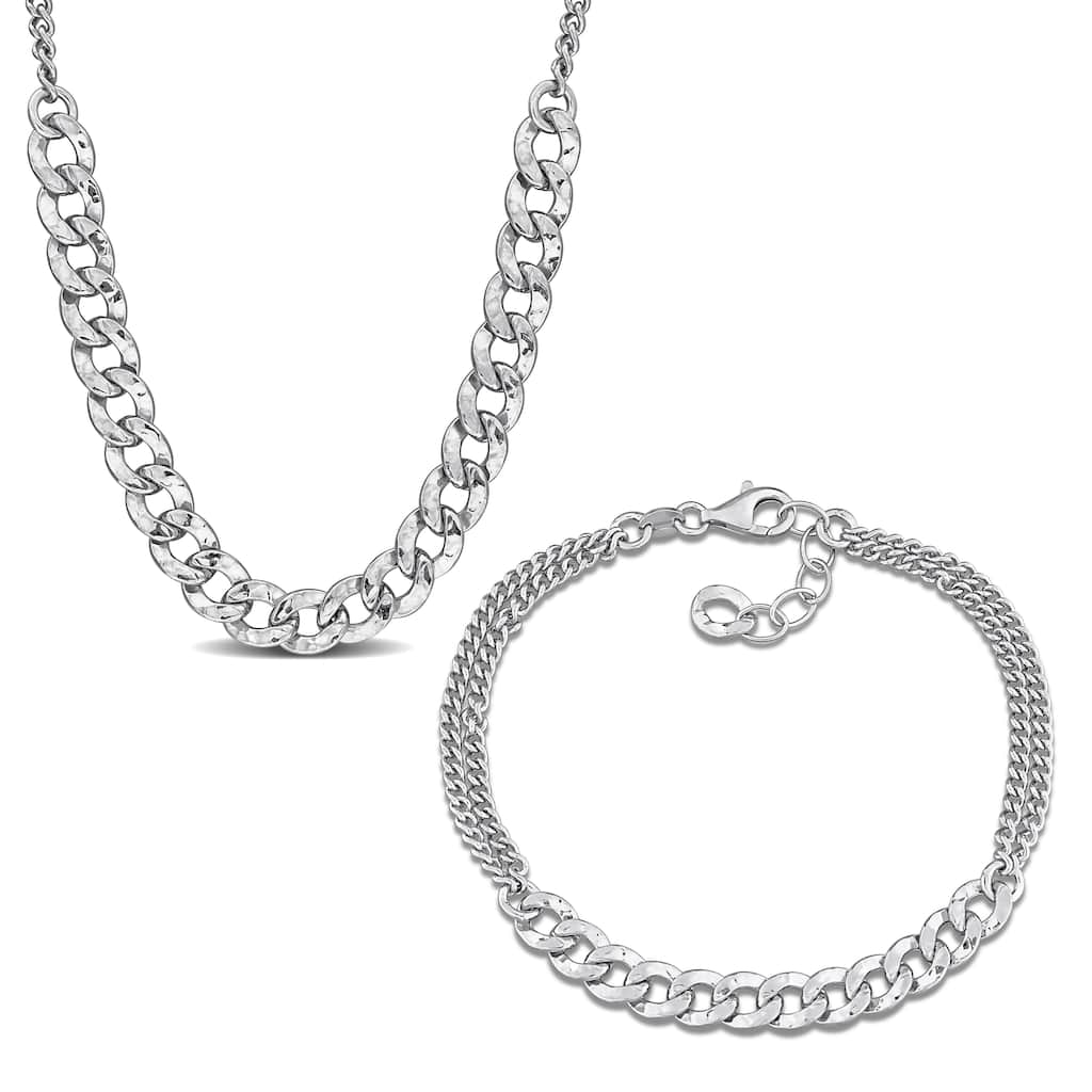 Miadora Sterling Silver Curb Link Chain Necklace and Bracelet Set