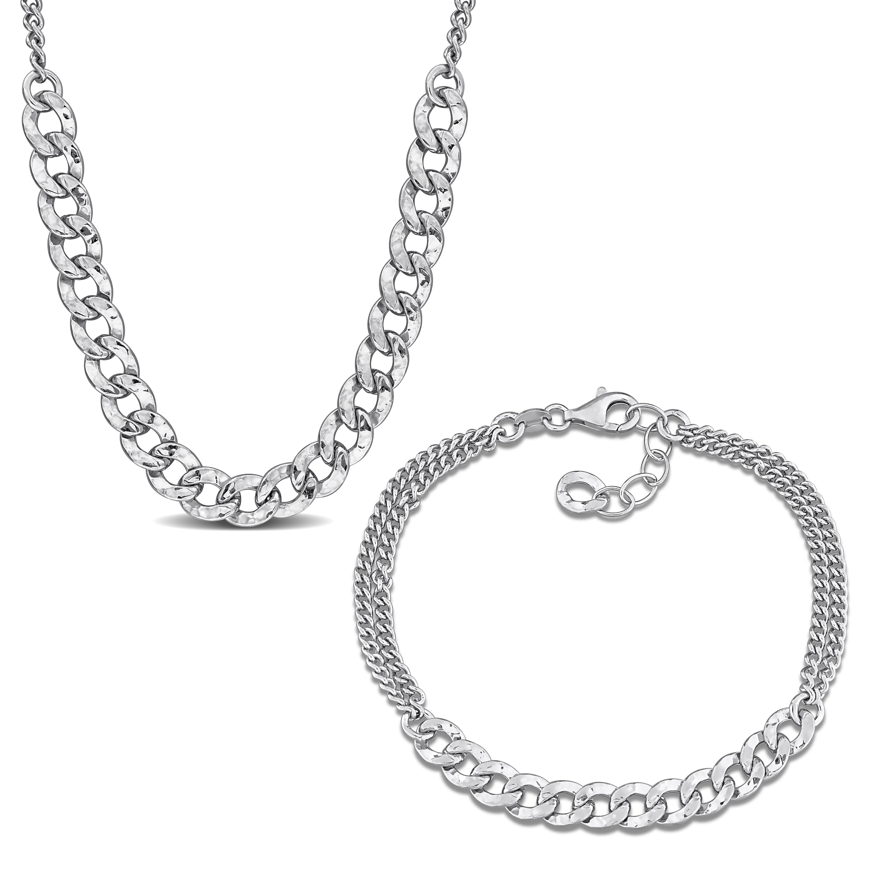 Miadora Sterling Silver Curb Link Chain Necklace and Bracelet Set