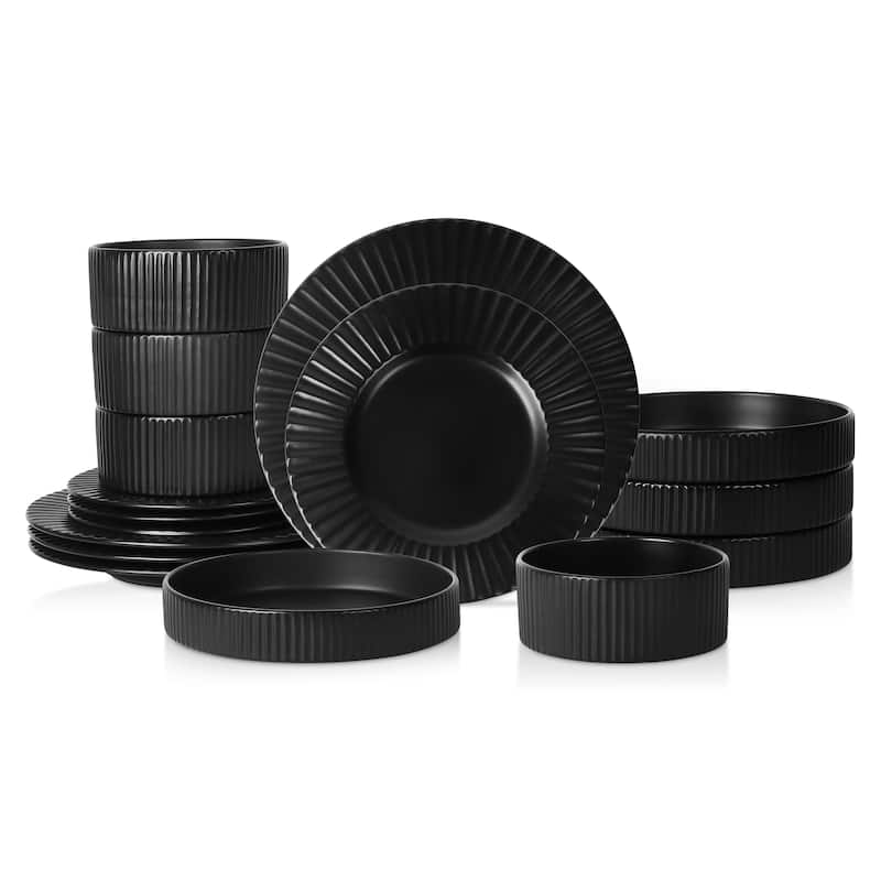 Christian Siriano Lusso Stoneware Dinnerware Set - Black - 16 Piece