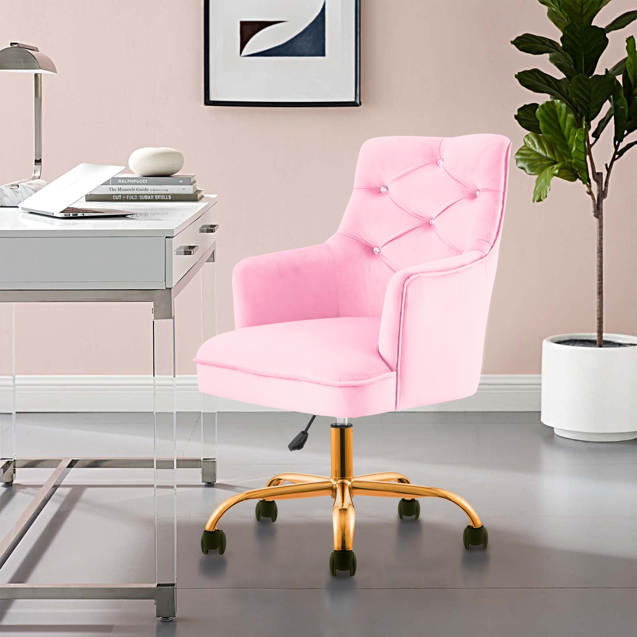 Tufted Velvet Swivel Adjustable Home Office Chair Gold Glide Casters Overstock 31784230 Pink