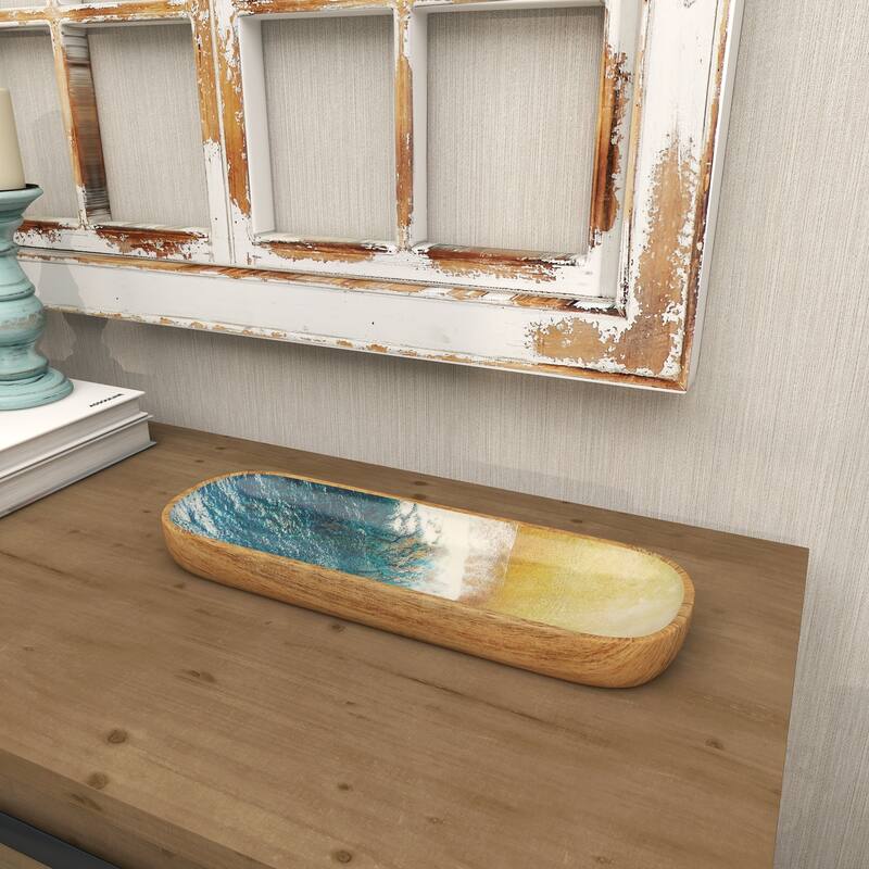 Brown Mango Wood Handmade Ocean Inspired Living Room Decor Tray with Colorful Enameled Interior