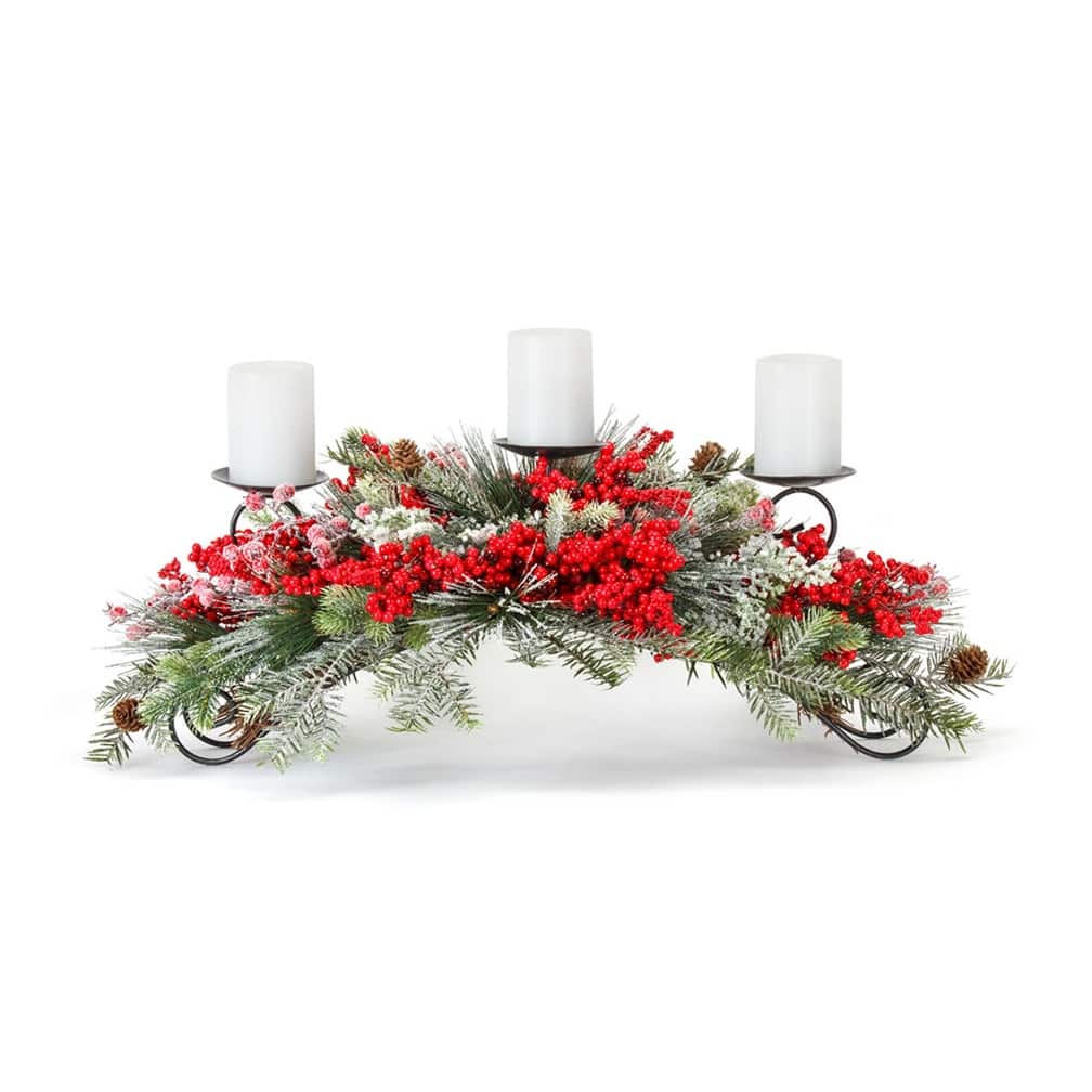 Frosted Pine and Mixed Berry Centerpiece Candle Holder 31"L