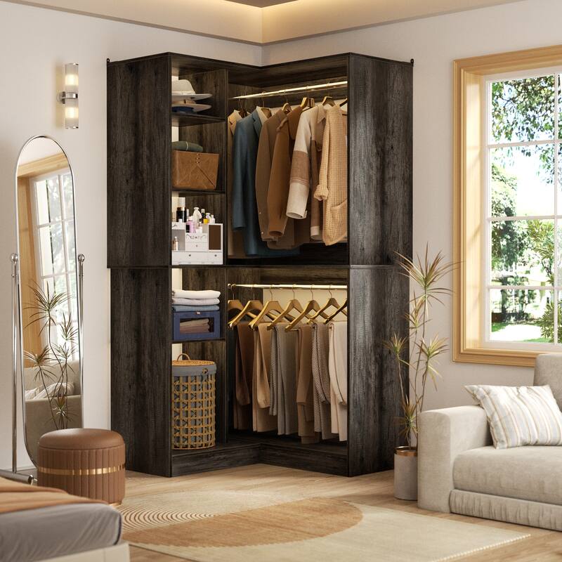 Qvella 36" Corner Closet System with 2 Hanging Rods and Hutches, Freestanding Corner Wardrobe Rack with Adjustable Shelves - Black Oak