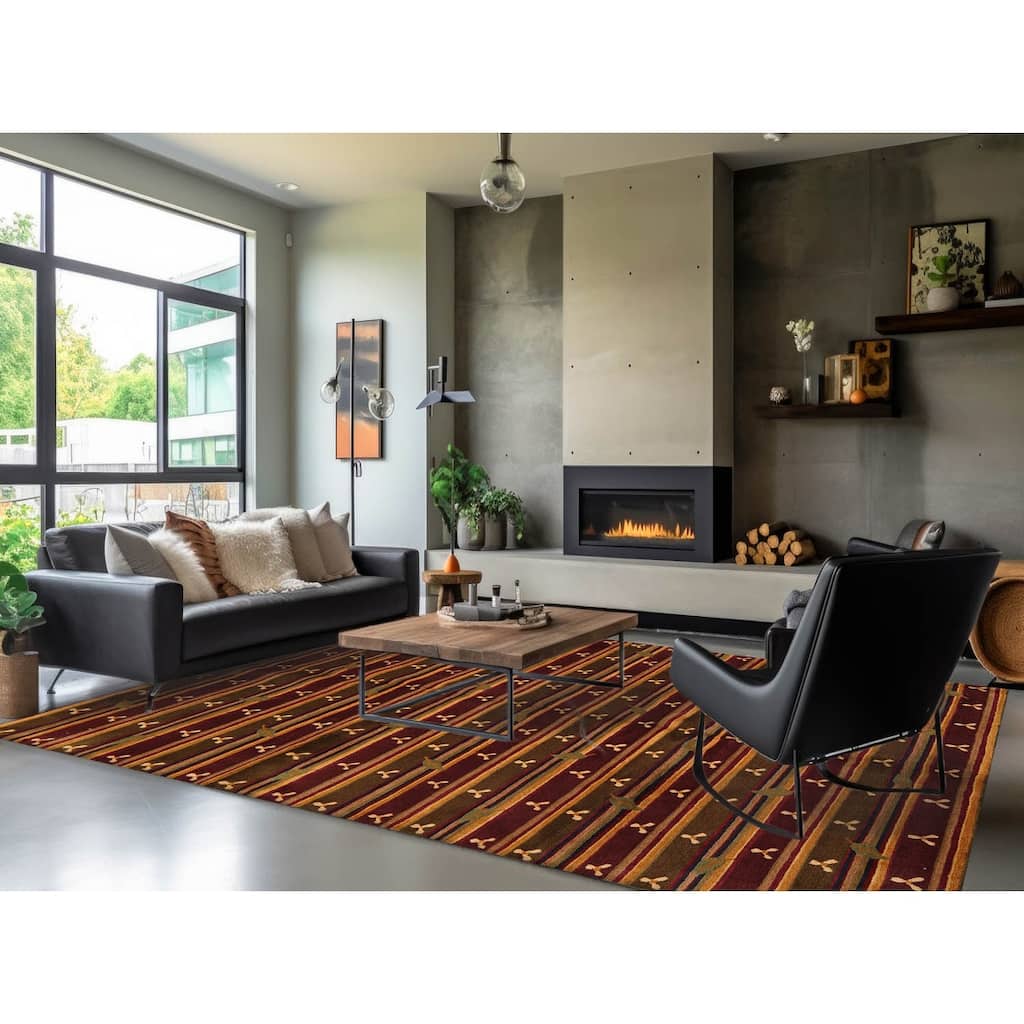 Hand Knotted Tibetan Green, Rust Striped Wool Transitional Area Rug - 6' x 9' 1''