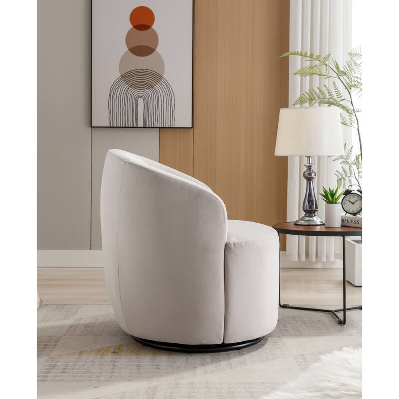 Modern Barrel Swivel Accent Chair with Metal Base, Round Velvet Upholstered Reading Chair w/ Curved Back for Living Room Bedroom