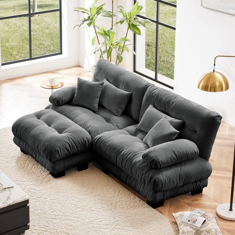 GDFStudio - Celestine Chenille 2-Seater Sofa and 1 Ottoman With Pillows - Gray